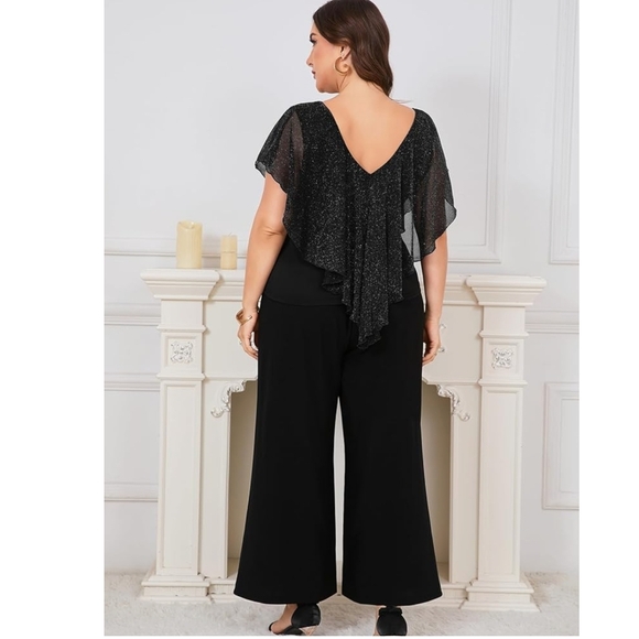 ZOMVA - 3X Black Sparkly Mesh V Neck Wide Leg Mother of The Bride Pantsuit - Picture 9 of 11